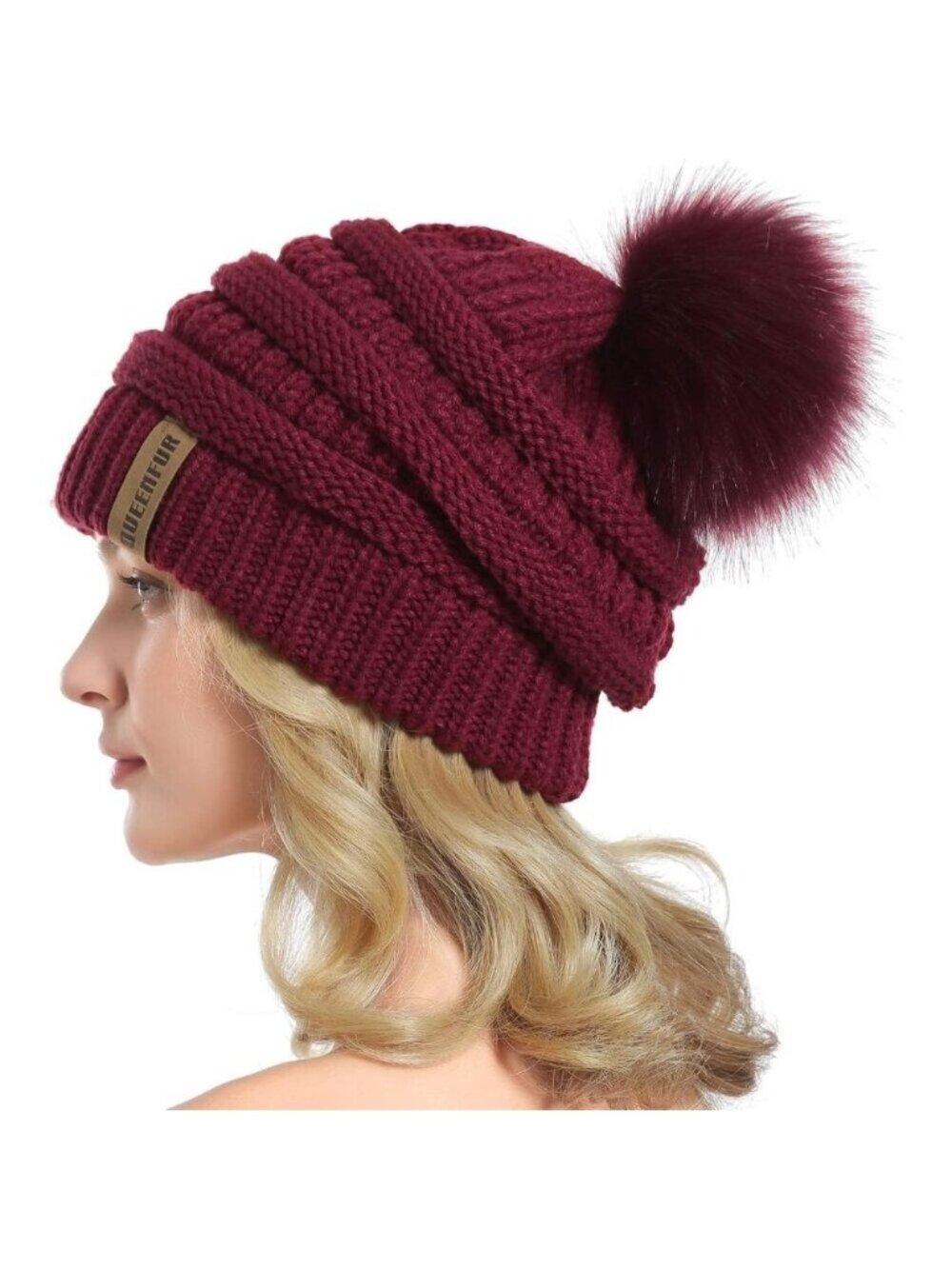 Women's Burgundy 100% Acrylic Cable Knit Beanie Faux Fur Winter Warm Slouchy Hat